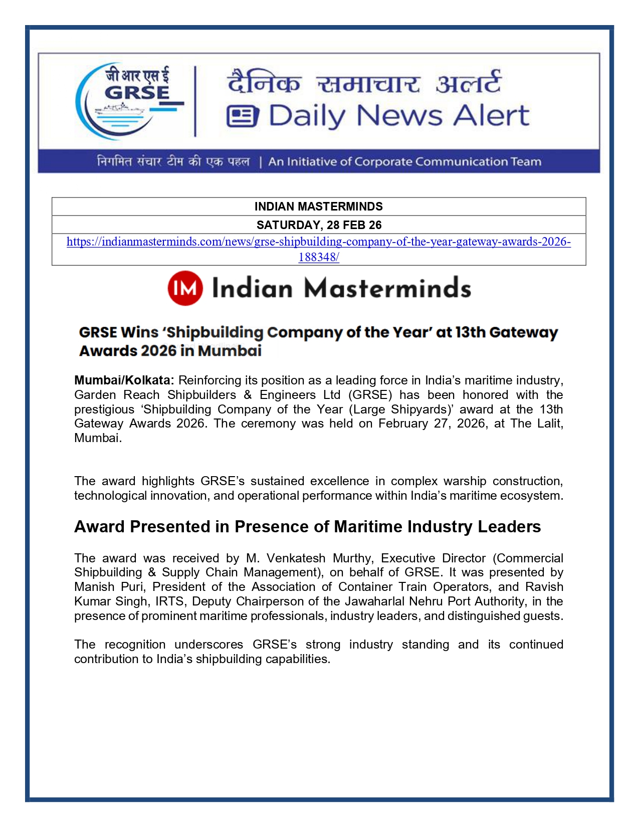  Press Coverage: 02 MAR 26: TIMES OF INDIA 